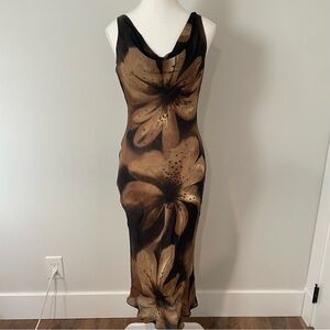 Y2K Vintage Logic Brown Floral Cowl Neck Crepe Midi Dress Size 4 Evening